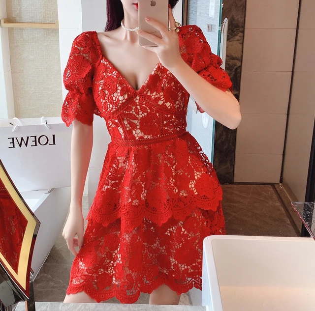 Jsxdhk Nieuwe Zomer Vrouwen Vakantie Ruches Jurk Merk Dames Runway Korte Mouw Rode Kanten Jurk Fashion Bloemen Borduren Jurken AliExpress