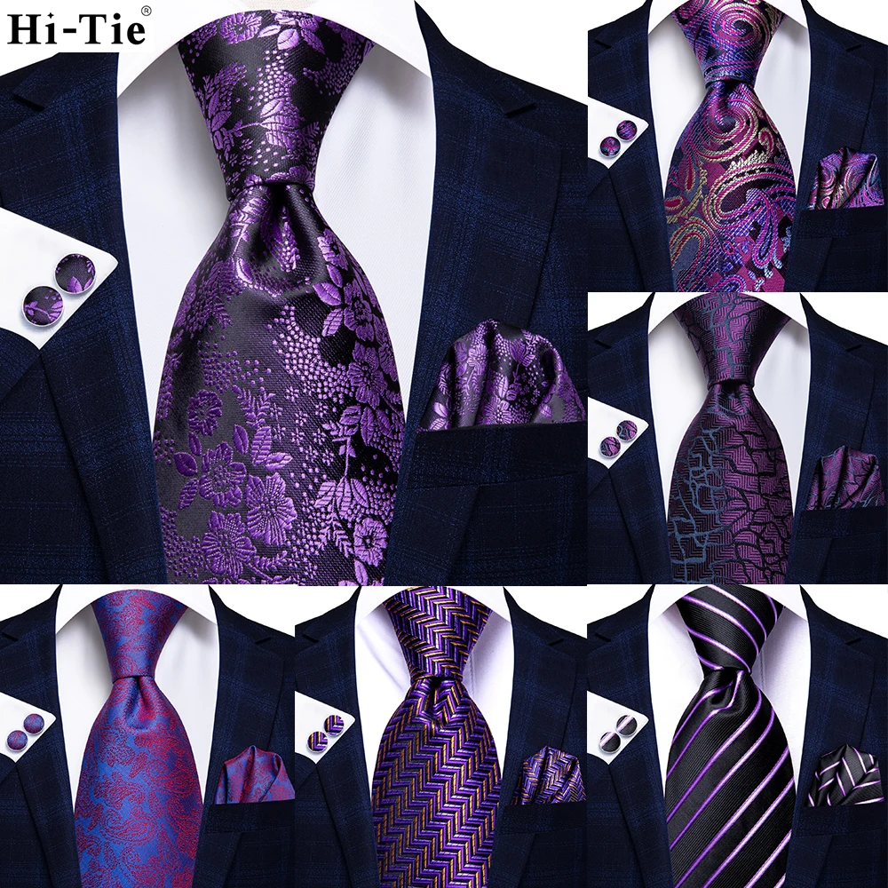 Hi-Tie Designer Purple Floral Striped Paisley Silk Wedding Tie for Men Handky Cufflink Gift Men Tie Party Business Dropshipping