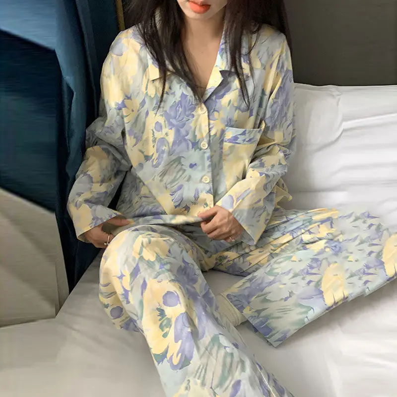 

QWEEK Print Women's Pajamas Vintage Clothes Home Wear Pyjama Pour Femme Sleepwear Pijamas Nightie Autumn Winter 2 Piece Set