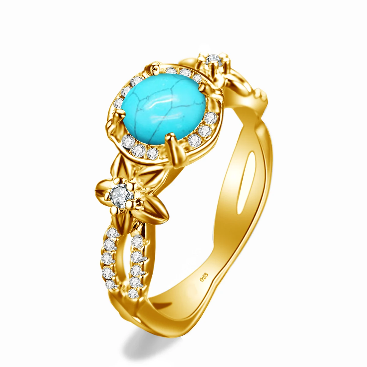 Szjinao Luxury Turquoise Ring Silver 925 For Woman Gold Plated Flower Anniversary Party Gift Antioxidant Quality Fine Jewelry