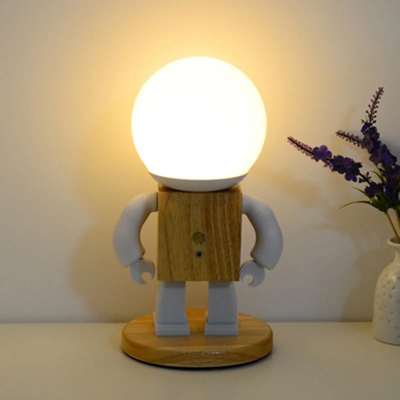 LED Cute Robot Table Light USB Modern  Wood Table Lamp Kids Baby Children Bedroom Bedside Mini Night Lights decor