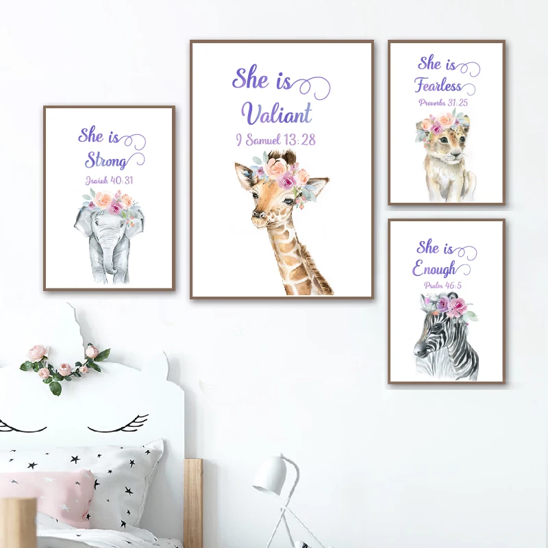 Baby Girl Nursery Bible Verse Quote Prints Wall Art Safari Animals Floral Christian Sign Canvas Painting Posters Baby Room Decor