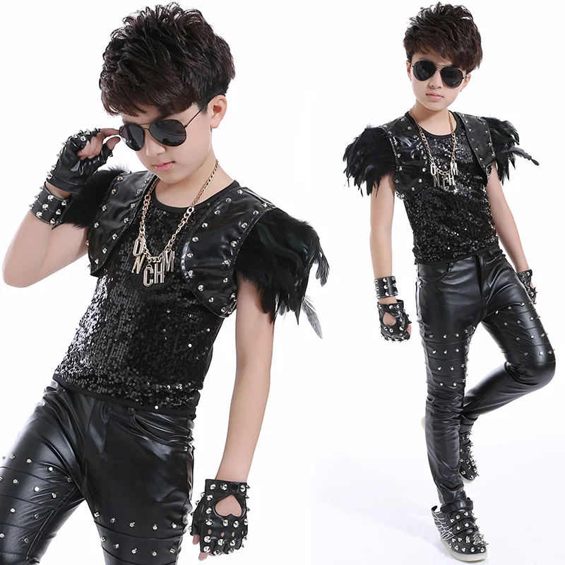 Feather Stud Hip Hop Boys Jazz Costumes Sequined Black Vest Leather Trousers Kids Drum Show Fashion Stage Clothes Suit DNV14071