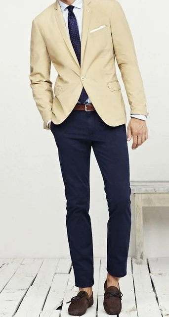 Beige blazer with blue pants hotsell