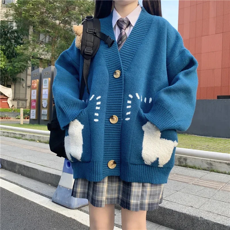 Cute Print Oversized Cardigan Woman Sweater Korean Style Loose Big Pocket Knitted Sweater Autumn Winter V-neck Warm Sweater Coat