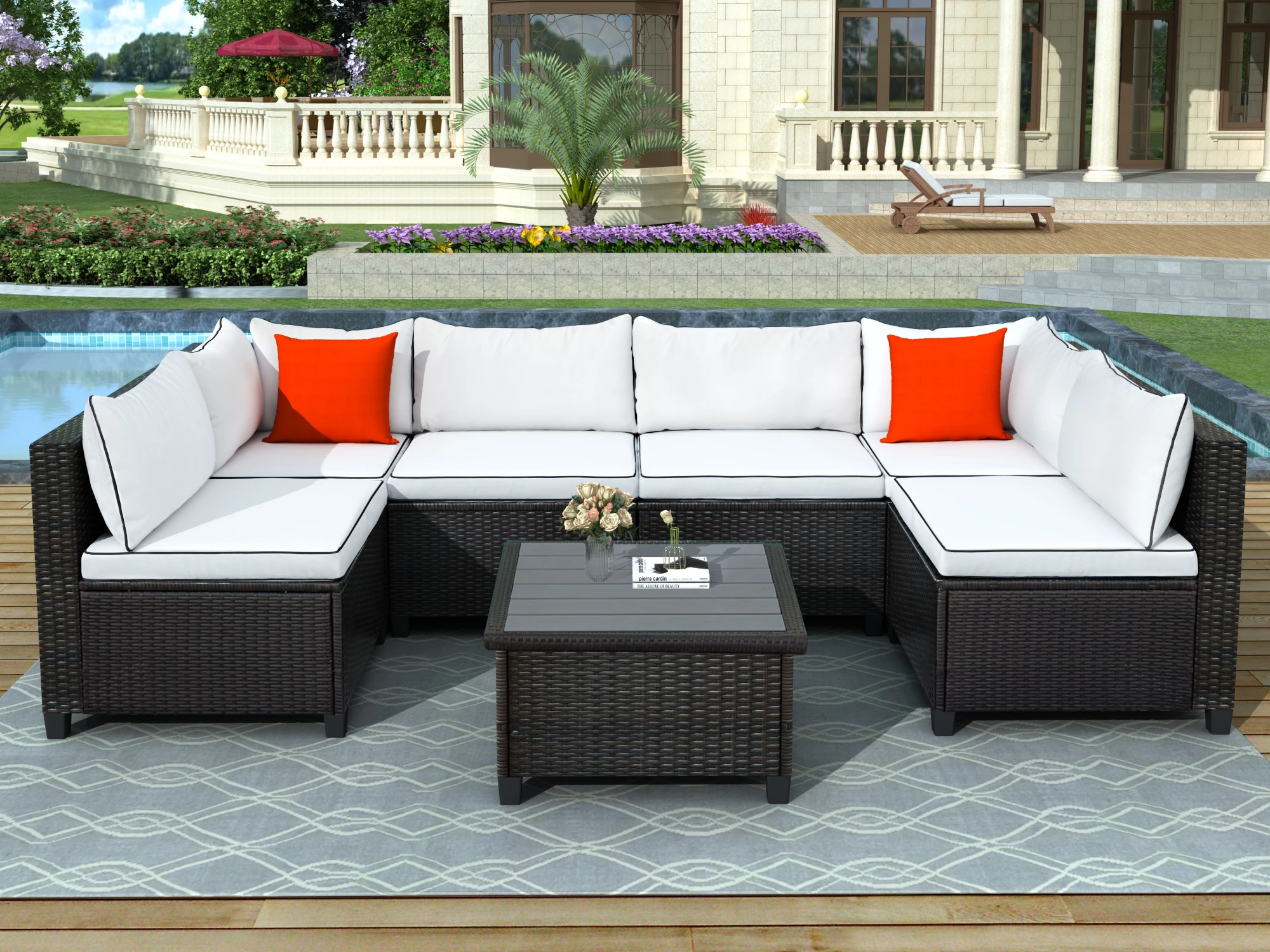 

U-Shape Rattan Wicker Outdoor Patio Furniture Set Sectional w/ Cushions&Accent Pillows 1 Table+4 Armless+2 Corner Sofa[US-Depot]