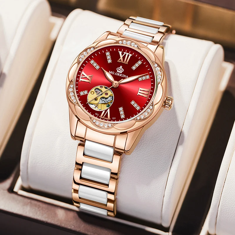 Genuine ORKINA Automatic Mechanical Watch for Women Skeleton Switzerland Luxury Brand Ladies Wrist Watch Wedding Gift For Female