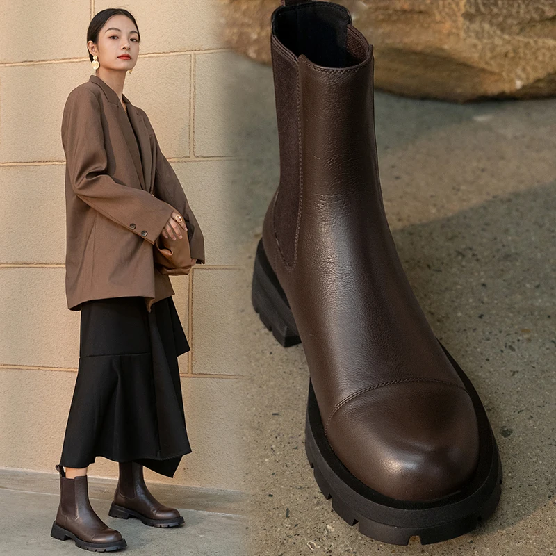 2021 Fall/Winter Shoes Women Leather Ankle Boots Women Round Toe Thick Heel Women Shoes Solid Chelsea Boots Casual Women Boots