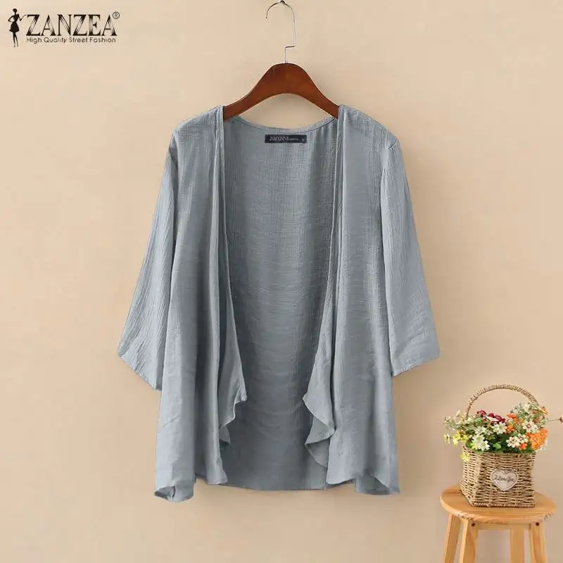 2023 ZANZEA Women\'s Summer Blouse Fashion Beach Cardigans Solid Casual 3/4 Sleeve Shirt Female Tunic Tops Kimono Cape