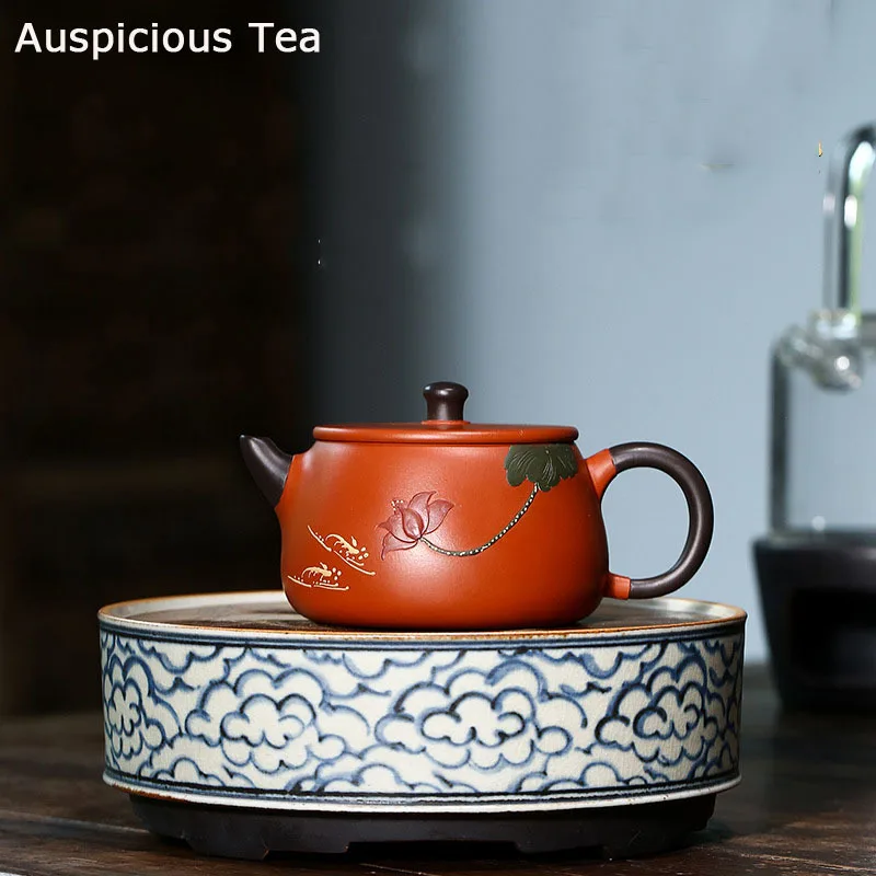 

240ml Authentic Yixing Purple Clay Teapots Raw Ore Zhu Mud Stone Scoop Tea Pot Hand Painted Zisha Filter Kettle Home Tea Set