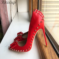 Tikicup Red Matte Women Pointy Toe High Heel Shoes with Bow Sexy Spikes Rivets Stiletto Pumps 8cm 10cm 12cm Colors Customize