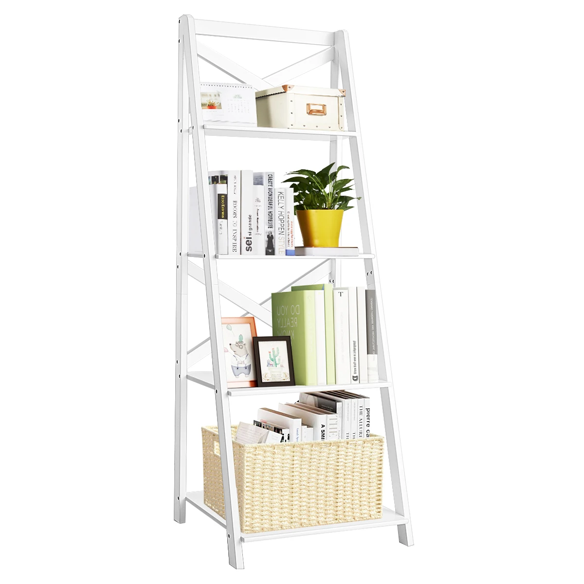 Costway 4-Tier Ladder Shelf Bookshelf Bookcase Storage Display Plant Leaning Shelf White