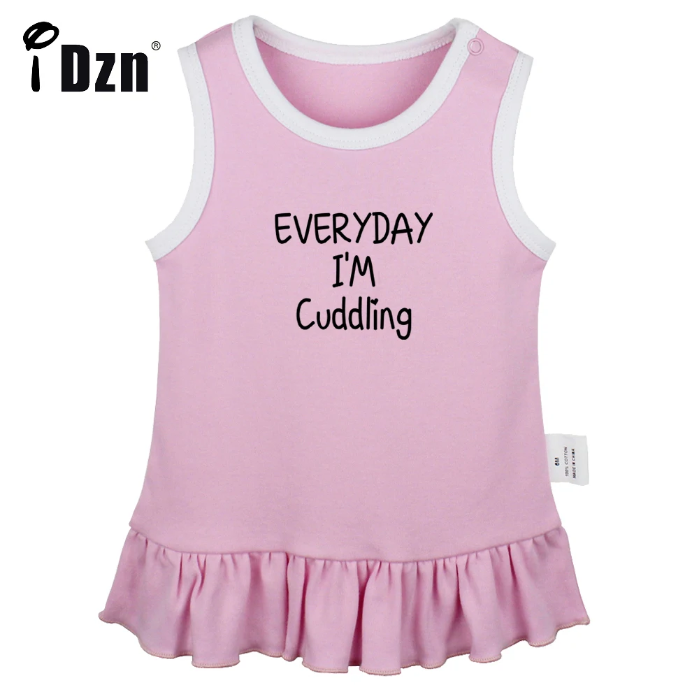 iDzn Everyday I'm Cuddling Fun Art Printed Baby Pleated Dress Cute Baby Girls Sleeveless Dress Infant Soft Cotton Vest Dresses