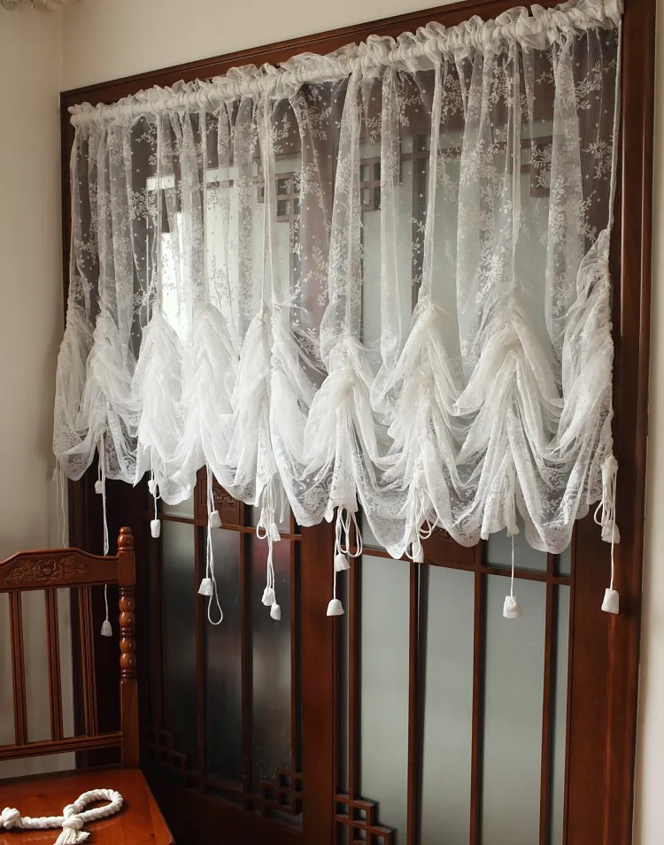 Roman Balloon Curtain Partition White Lace Gauze Floral Drawstring Pull Valance for Living Room Bedroom Rod Pocket Style