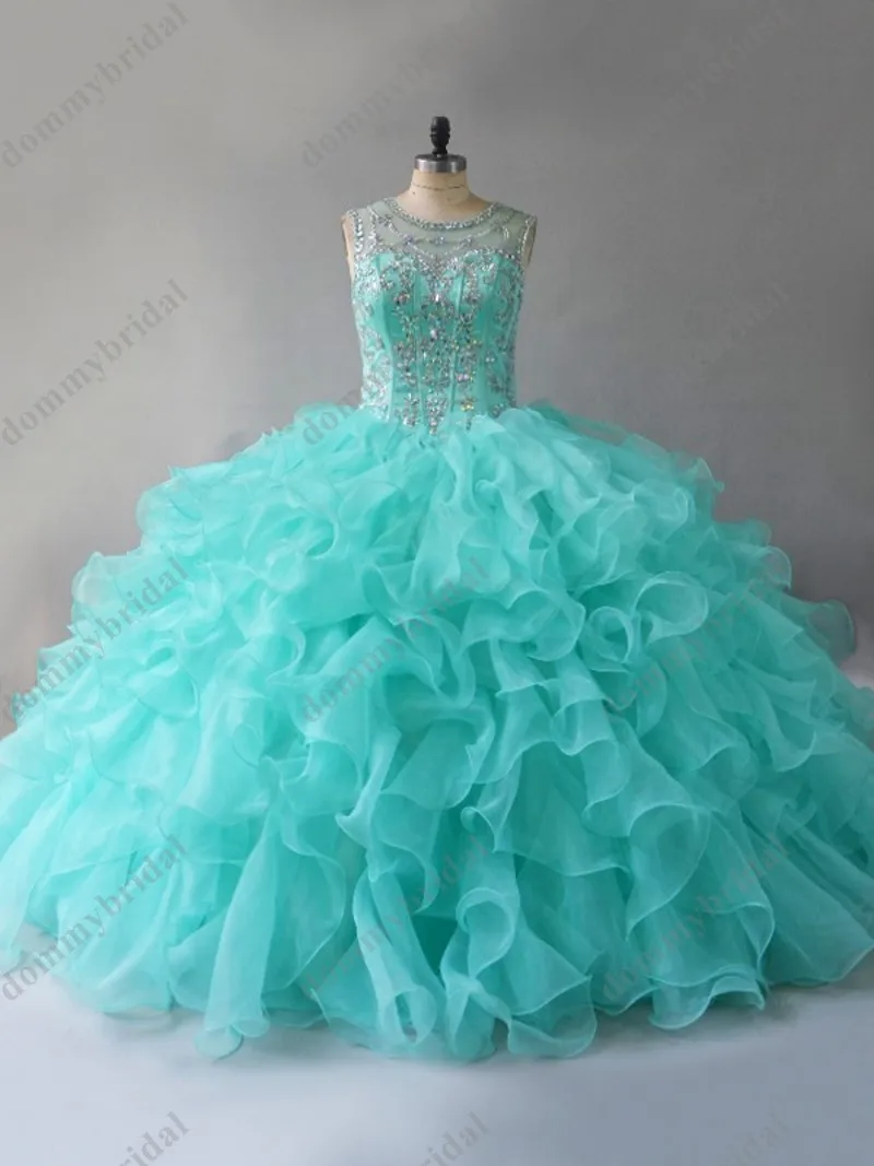 Glamourous Vestido De 15 Anos XV Jahre Alt Aqua Blau Günstige Quinceanera Kleid Prom Abendkleid Cyrstal Gekräuselte Organza