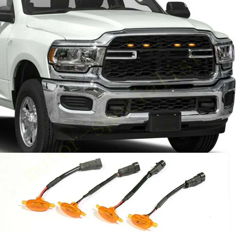 4Pcs LED Car Front Grille LED Amber Light Raptor Style Light Kit Decor W/ Wire Speed For Ram 2500 2019-2021