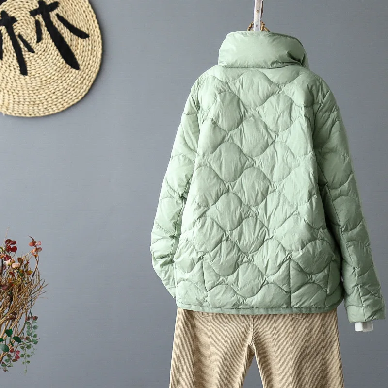 Schinteon เสื้อแจ็คเก็ตขนเป็ดสีขาวสำหรับผู้หญิง, เสื้อโค้ทตัวสั้นทรงหลวมใส่สบายสำหรับใส่ในฤดูใบไม้ร่วงฤดูหนาวคอตั้งสไตล์เกาหลี