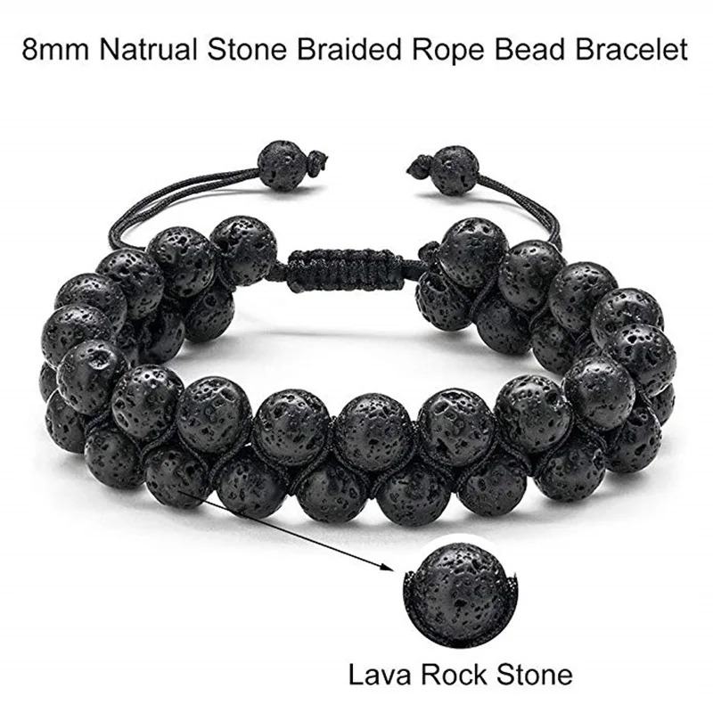 Mens Beads Bracelet 8mm Lava Rock Stone Bracelet Essential Oil Bracelets Adjustable Natural Stone Braided Rope Jewelry