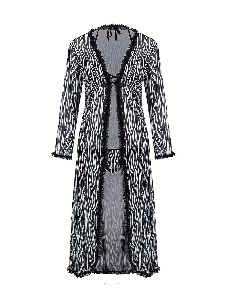 Zebra Pattern Contrast Trim Robe and Bra Set Casual Sleepwear Mesh Nightwear Elegant Lingerie Spa Bathrobe