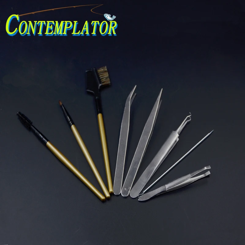 CONTEMPLATOR 8pcs Fly Tying Tools Anti-static Tweezers&Bodkin&Dubbing Brushes Hackle Fiber Tool Variety Stainless Tweezer Set