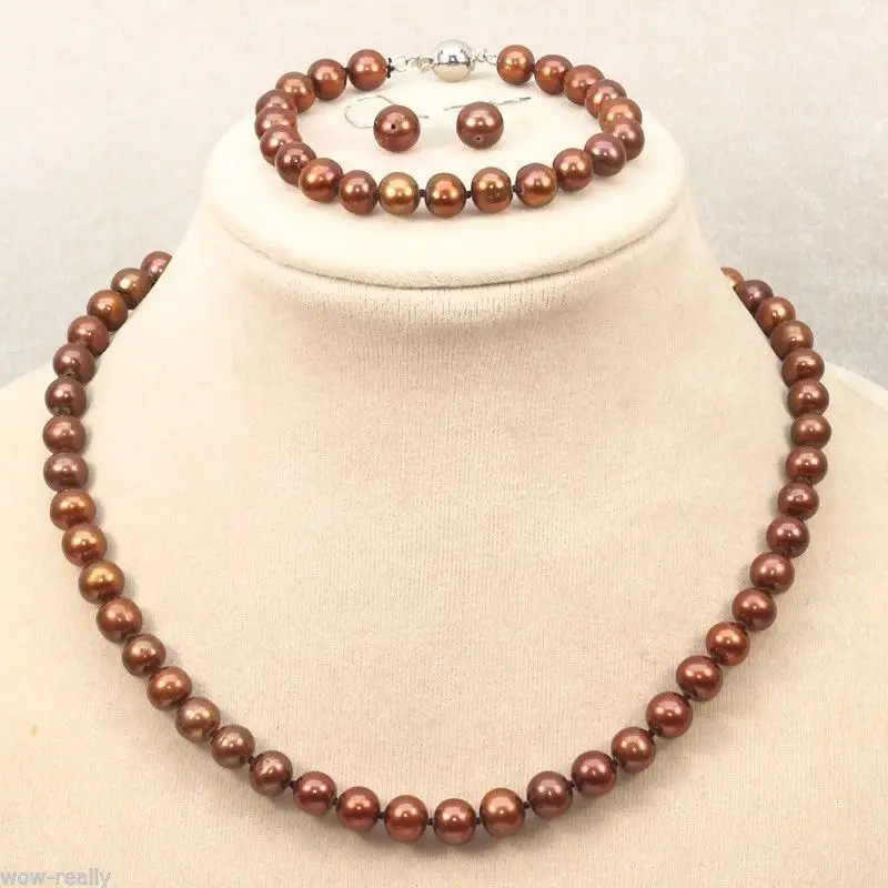 

free shipping Wholesale price +Genuine Natural 8-9mm Akoya Brown Pearl Necklace Bracelet Earring Jewelry Set $30%