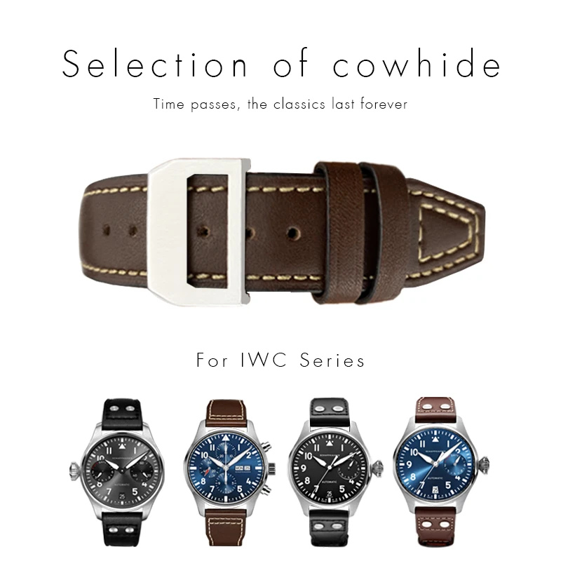 20mm 21mm 22mm Genuine Leather Cowhide Watchband Fit for IWC PILOT Mark PORTUGIESER PORTOFINO Brown Black Watch Strap Bracelet