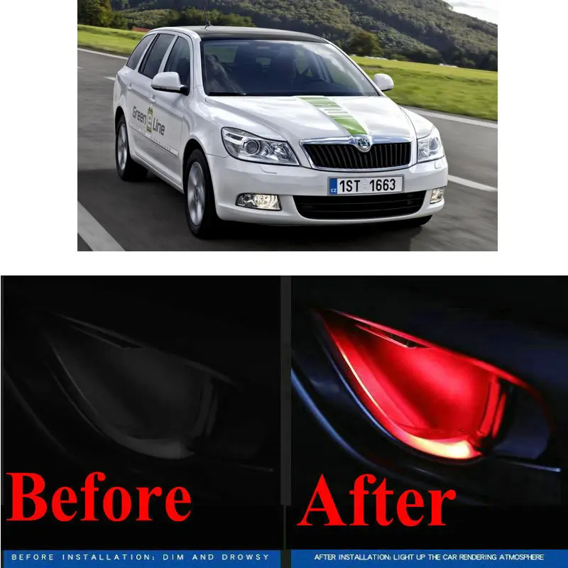 

4pc CF style stickers on cars interior inside door handle atmosphere lamp for skoda rapid octavia a5 a7 fabia octavia 2 yeti