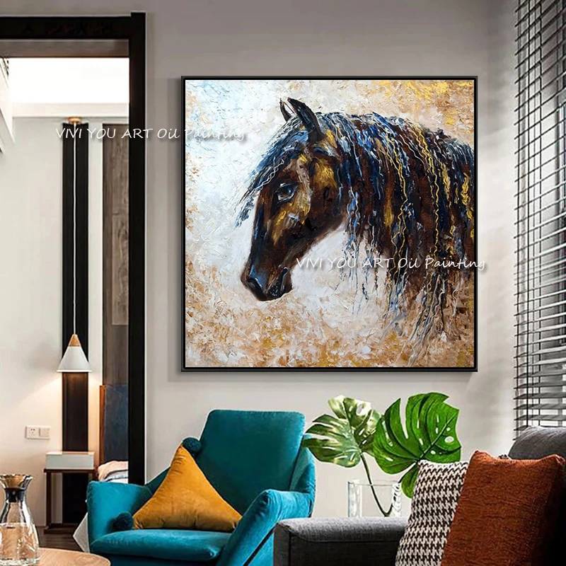 Colorful Horse Blue Orange Animal Painting  Modern Wall Art 100% Handmade Oil Painting Big Size Holiday Gift Home Decoration