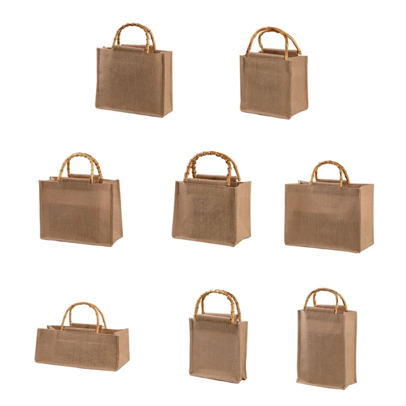 2021 New Portable Burlap Jute Shopping Bag Handbag Bamboo Loop Handles Reusable Tote Grocery Bags