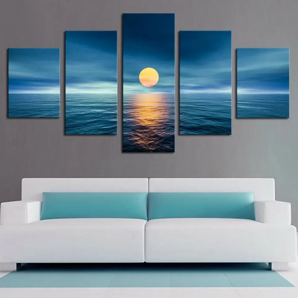 Full Moon Over The Ocean 5 Panel Canvas Wall Art Print HD Home Decor Pictures 5 Panel Poster No Framed Paintings Living Room