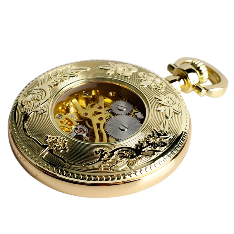 Luxury Unisex Handwinding Mechanical Pocket Watch Manually Skeleton Clock Arabic Number Dial Golden Pendant Chain