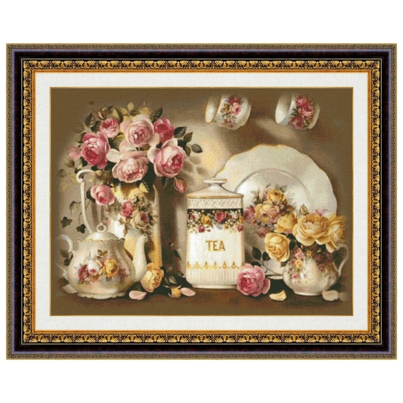 

Rose teaset cross stitch kit 18ct 14ct 11ct counted white cloth cotton thread fabric sewing craft wall big picture hangings