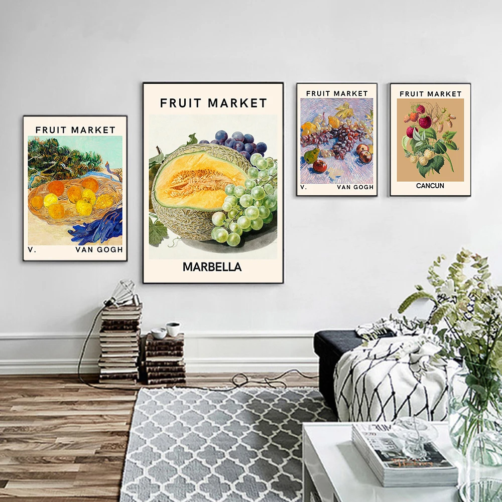 Póster del mercado de frutas de Van Gogh, pintura en lienzo de Marbella, uva abstracta, melón, arte de pared, imágenes impresas para decoración para sala de estar