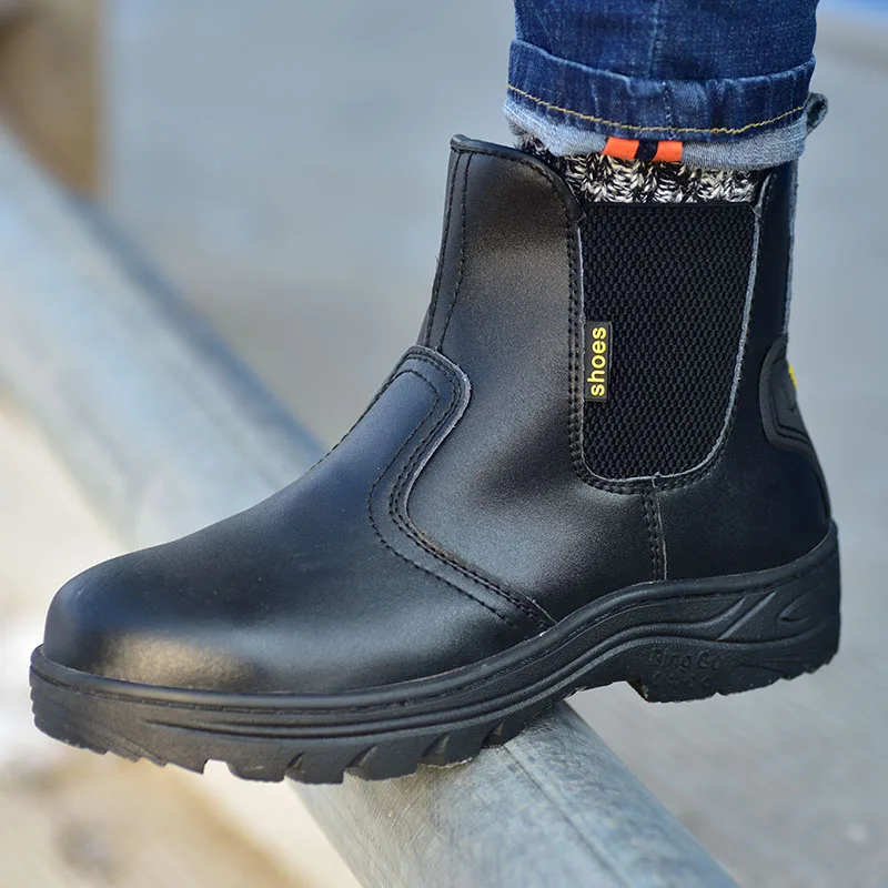 men's casual steel toe covers working safety boots platform cow leather safe shoes worker security chelsea boot man ankle botas