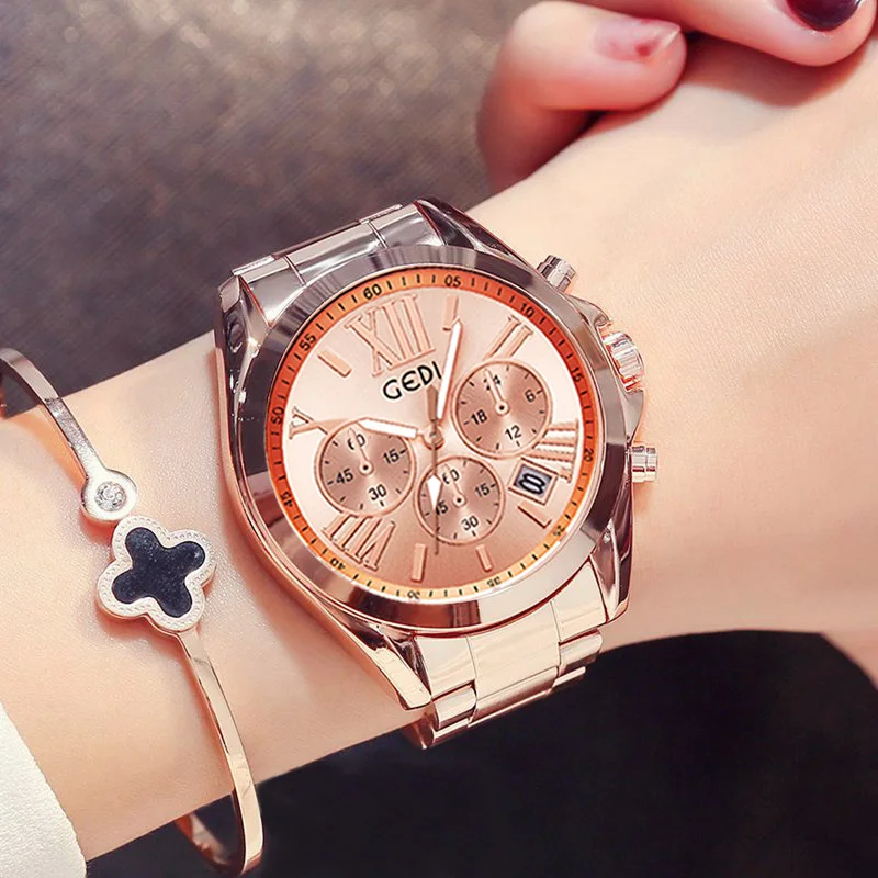 Luxus Rose Gold Frauen Beiläufige Uhr Wasserdicht Kalender Einzigartige Quarz Business Kleid Uhren für Weibliche Golden Lady Uhr