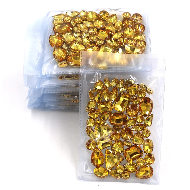 Hot sale Wholesale 5 bags mixed shape sew on glass Golden yellow gold base  rhinestones diy dress/Clothing accessories