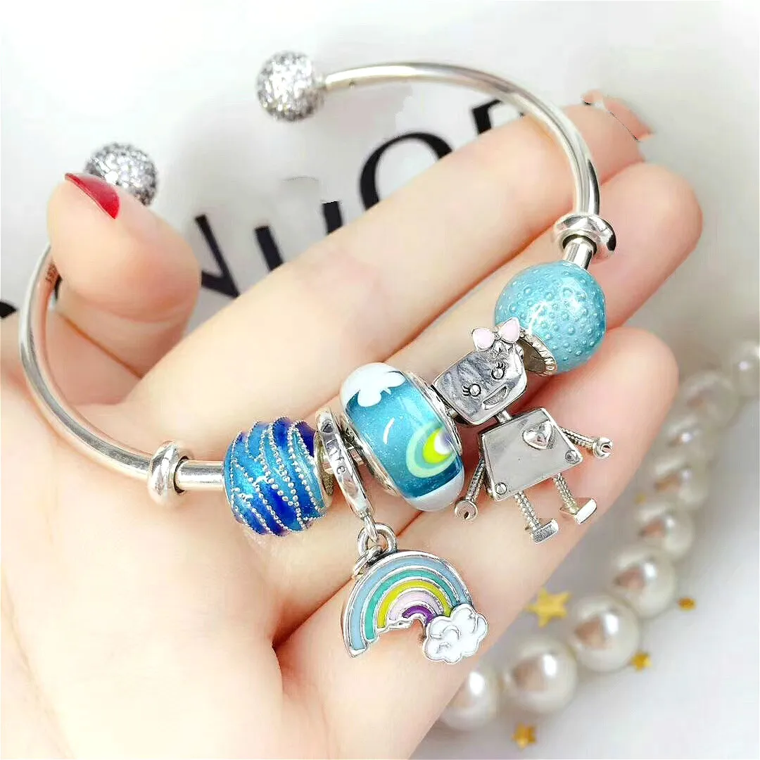 Genuine 925 Sterling Silver Exquisite Bangles Precious Frosted Stripe Robot and Rainbow Purely Silver Luxury Jewelry Adjustable