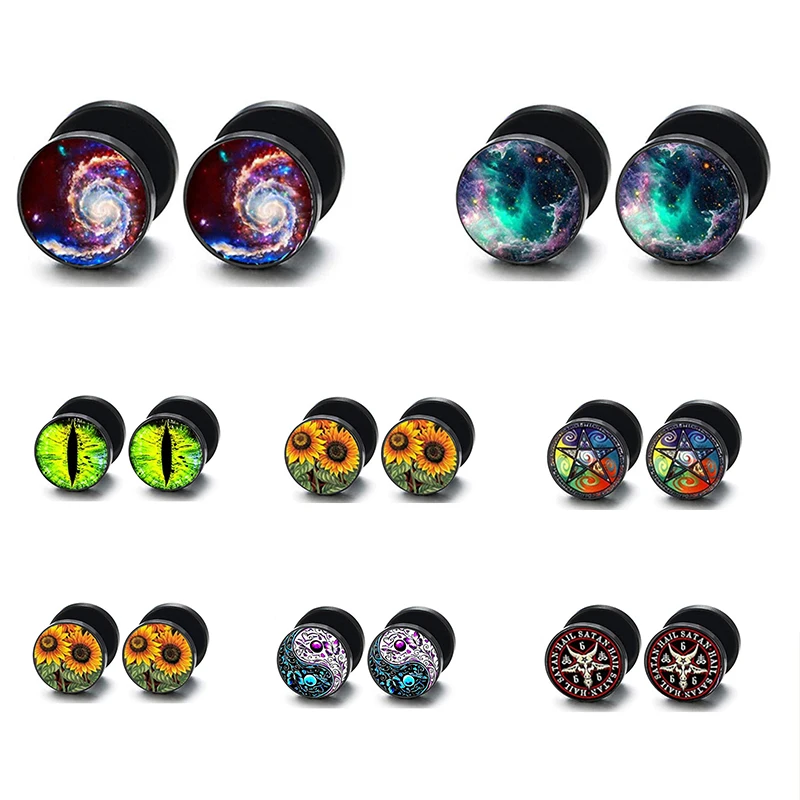 SOHOT New Gothic Vintage Round Shape Barbell Flowers Eye Star Skull Aurora Stud Earrings Unisex Piercing Jewelry Drop Shipping