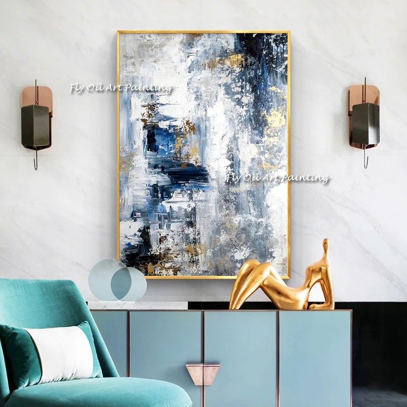 Modern 100% Hand Painted Abstract Gold Foil Blue Canvas Oil Painting Huge Size Wall Art Picture For Living Room Decoration