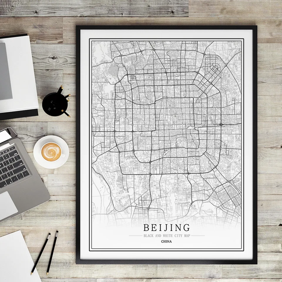 China Black and White City Map Poster  Beijing Hong Kong Macao Chongqing Wall Art  Home Decor Canvas Painting Creative gift