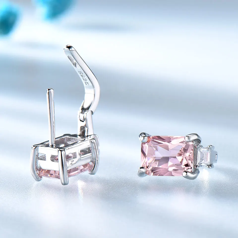 925 Sterling Silver Clip Earrings Pink Clip Earrings Rectangle Earring 6X8mm 5A Zircon Elegant Woman