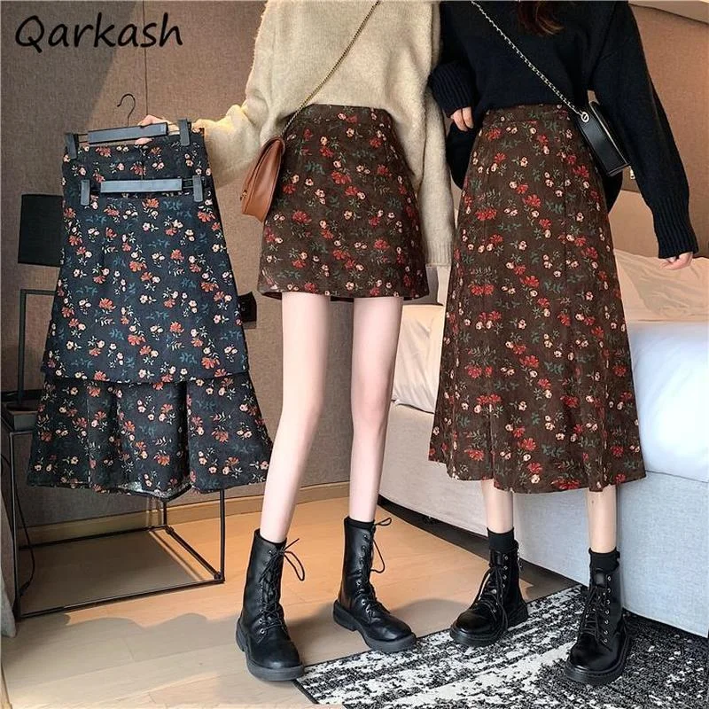 Floral Skirts Women A-line Empire Retro Female Tender Harajuku Spring Autumn Soft Holiday All-match Design Chic Popular Students