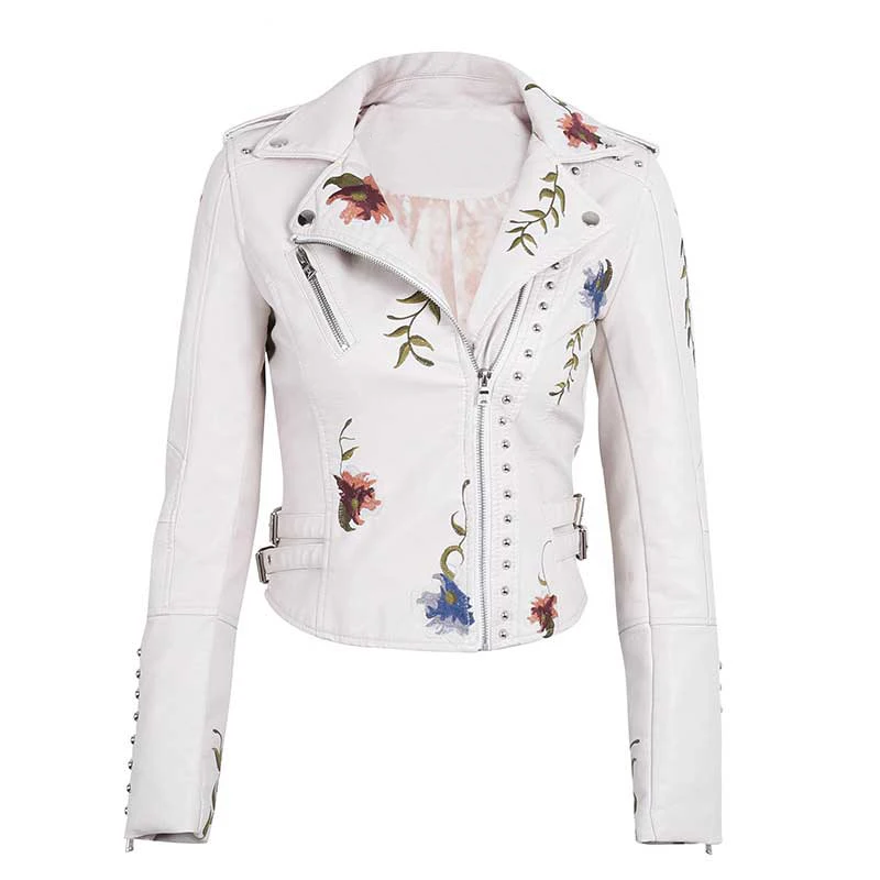 TEELYNN Boho Biker giacche da moto giacca a maniche lunghe in pelle per donna cappotto ricamo floreale bianco rivetto Vintage top con cerniera