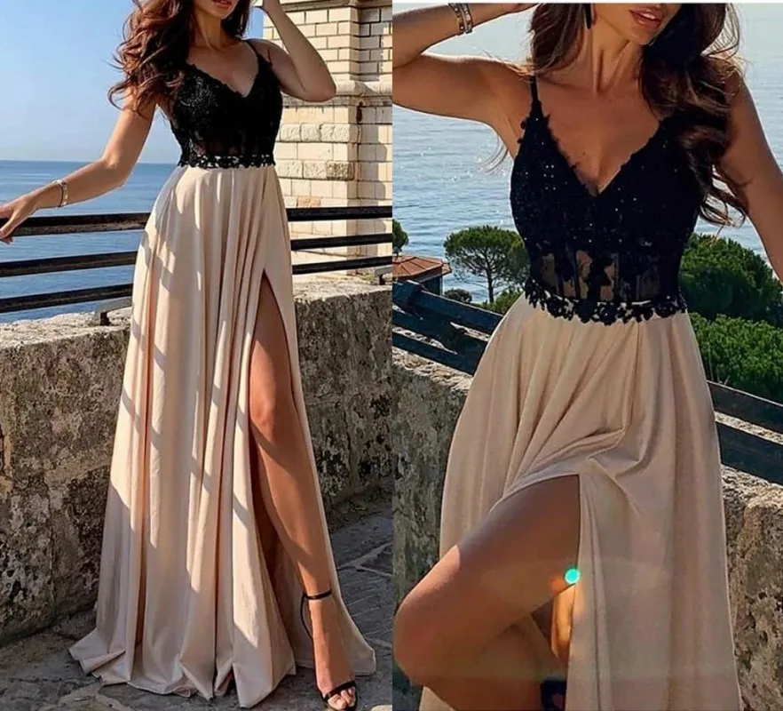 A-line لون كتلة فستان سهرة رسمي سباغيتي حزام سبليت الدانتيل زين حفلة موسيقية رداء حفلات Vestido De Fiesta De Boda