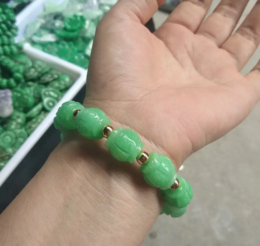 Beautiful Green Jade Bangle lantern bead bracelet gemstone rosary amulet bless Talisman