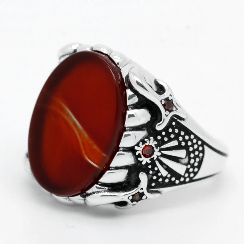 Guarantee 925 Sterling Silver Men's Ring Red Natural Agate Stone Handcrafted Turkish Jewelry Claw Spots Rock Jewelry Party Gift