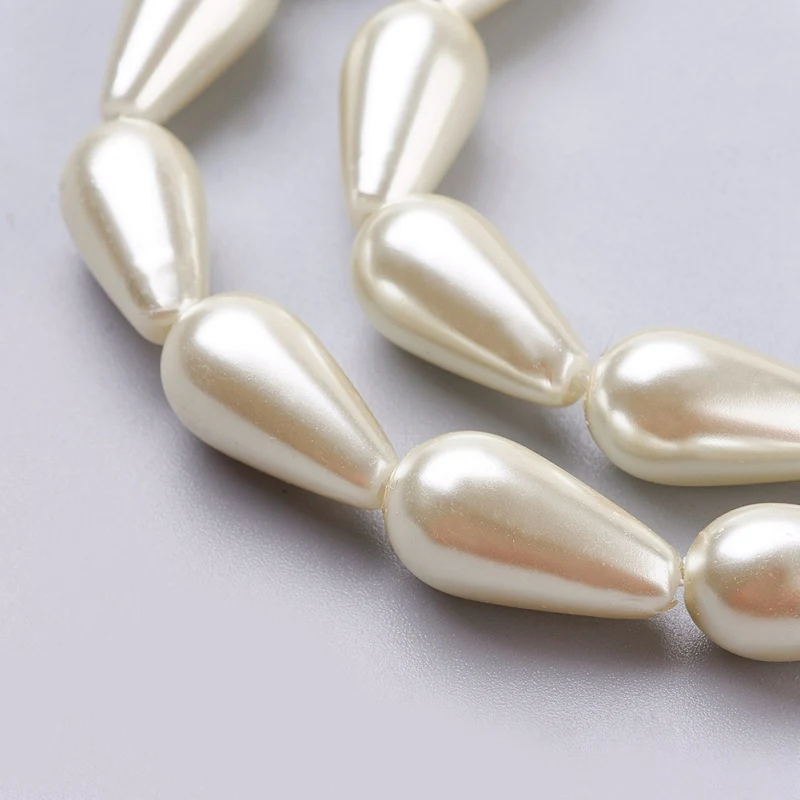 10 Strand FloralWhite Painted Drop Shape Glass Pearl Beads for jewelry making 16x8mm, Hole: 1mm; about 24pcs/strand F60