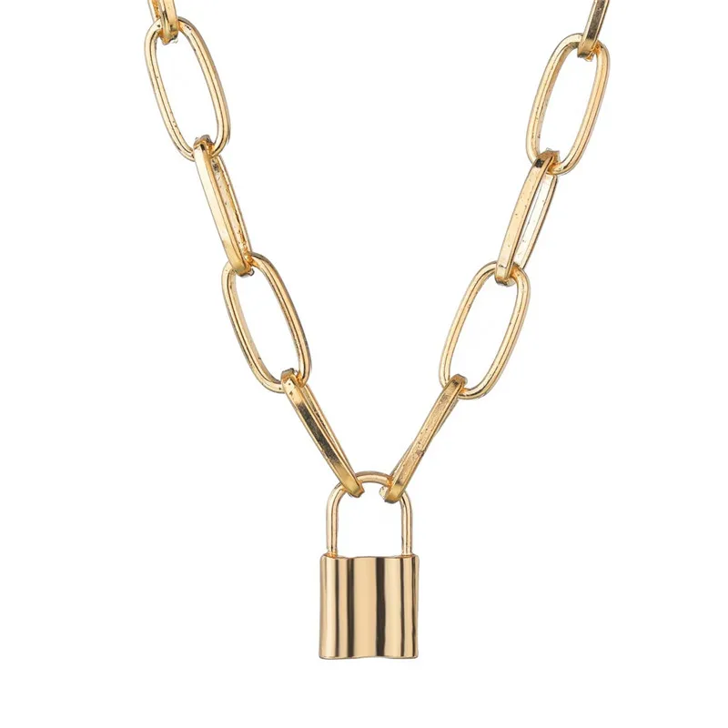 Simple Rock Choker Lock Necklace Layered Chain On Neck With Lock Punk Jewelry Mujer Key Padlock Pendant Necklace For Women Gift
