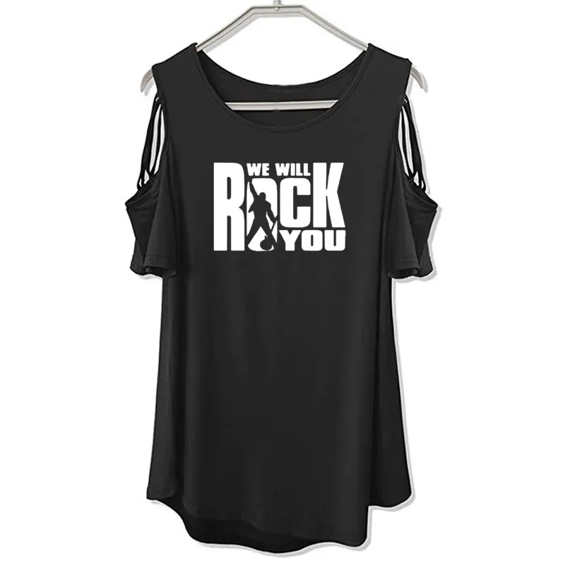 

We Will Rock You Women T Shirt Summer Queen Rock Band T-shirt Short Sleeve Rock Roll Womens Off Shoulder Hollow Femme Tops