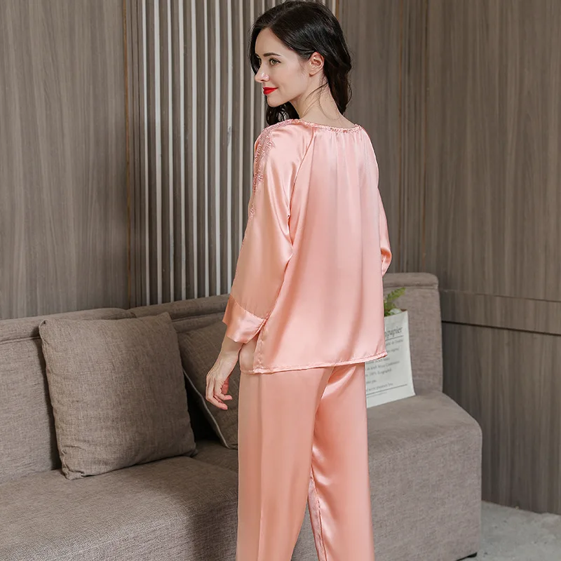 Birdsky, 1SET Women pajamas pijamas pajama set nightwear long sleeve lace sleepwear O neck 100% mulberry silk satin solid, S-295